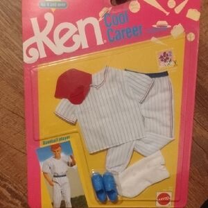 Mattel Ken Baseball Player Outfit - Red Hat, Blue Shoes, White Pinstripe Uniform